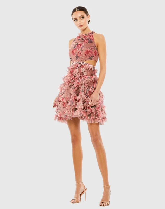 Savings Galore Ruffled Cut Out Halter Mini Dress