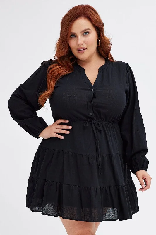 New Deals Black Shirt Dress Long Sleeve V-neck Tiered