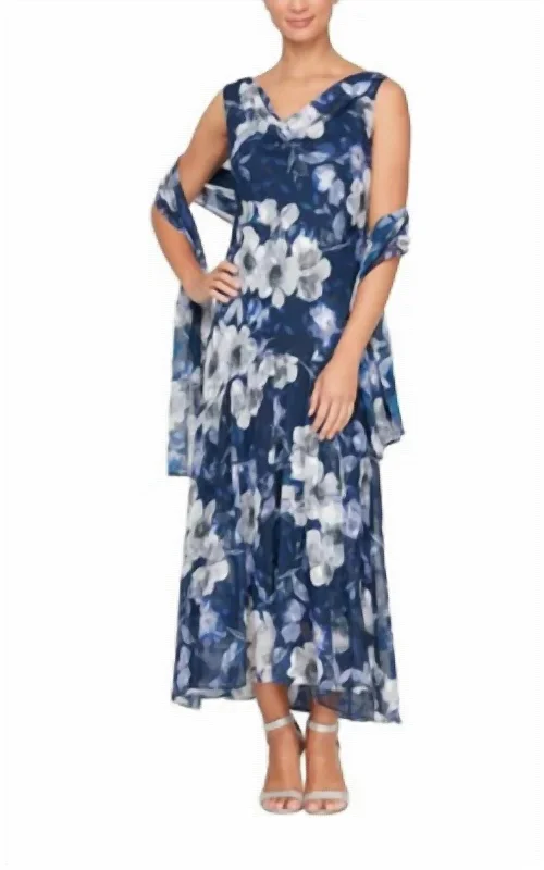 Deal Mania Floral Print Tea Length Dress In Navy/multi