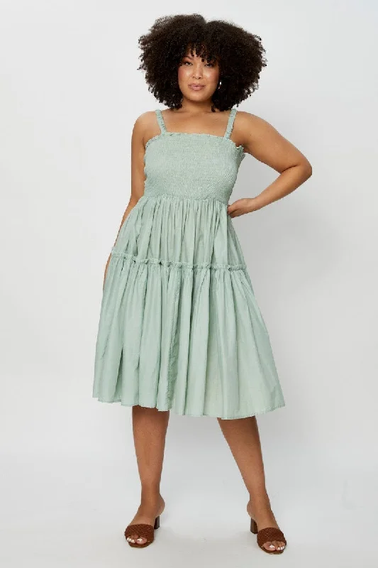 Deep Discounts Green Midi Dress Square Neck Sleeveless