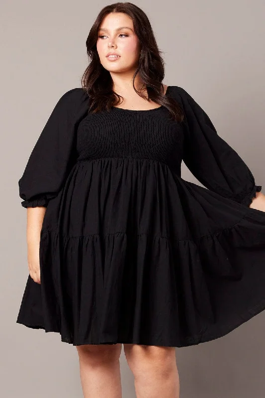 New Markdowns Black Shirred Tier Cotton Mini Dress