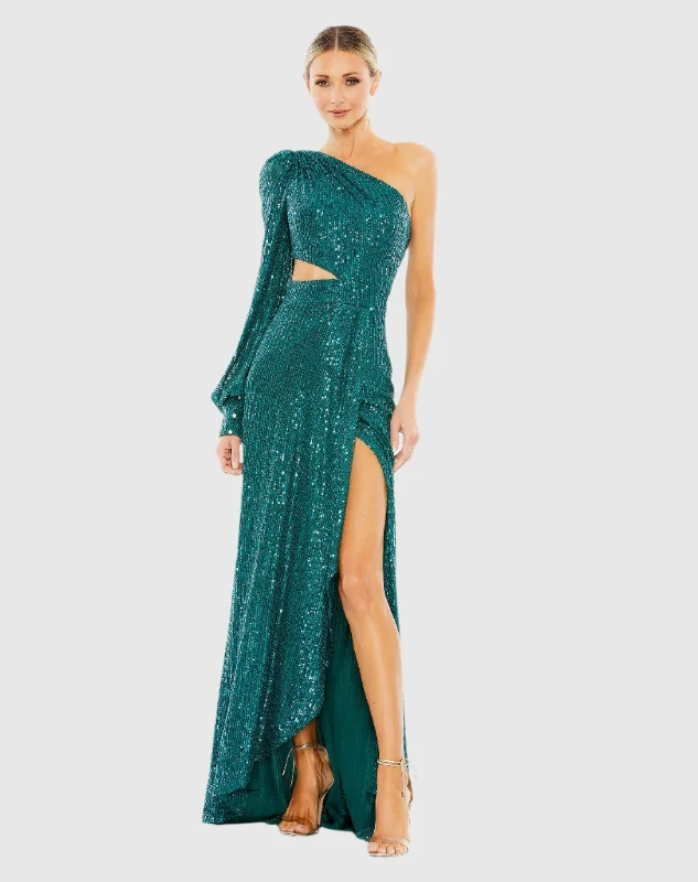 Daily Specials Green Sequined One Shoulder Cut Out Gown