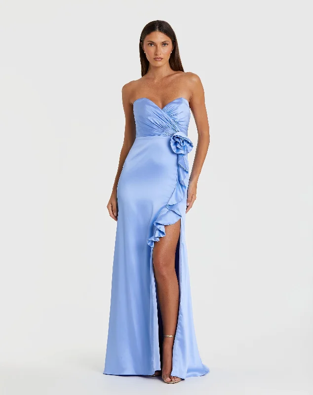 Overstock Strapless Satin Column Gown With 3D Flower