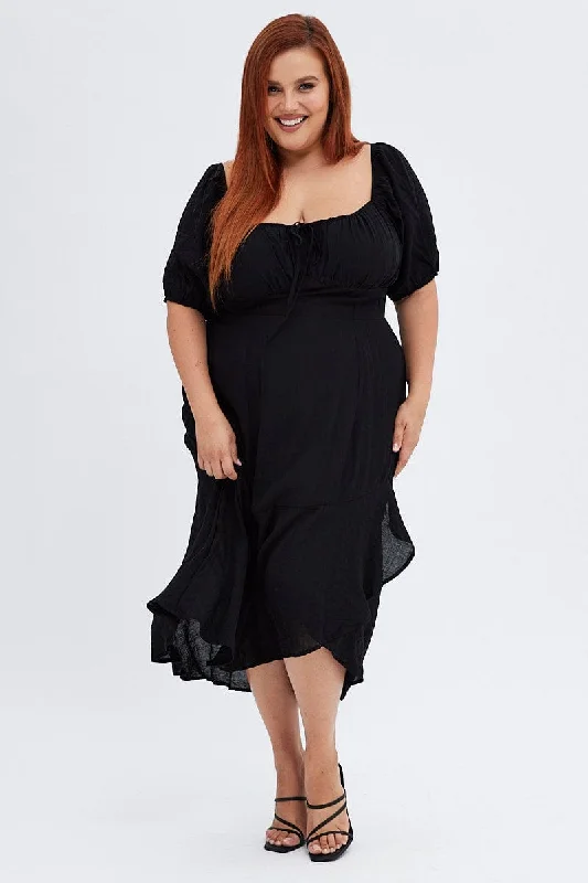 Big Savings Black Midi Dress Short Sleeve Ruffle Ruched Bust