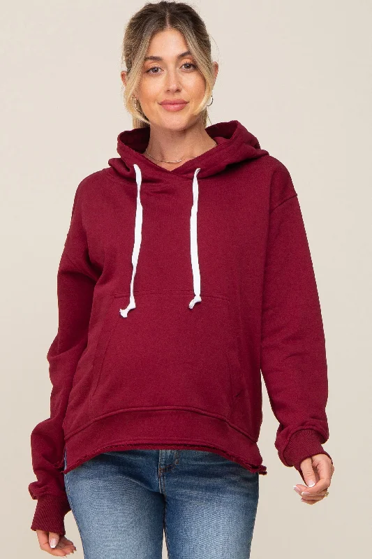 Final Markdown Burgundy Raw Edge Trim Maternity Drawstring Hoodie