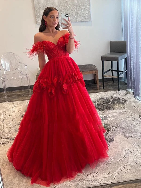 Holiday Sale Ball Gown Tulle Feathers/Fur Off-the-Shoulder Sleeveless Sweep/Brush Train Dresses