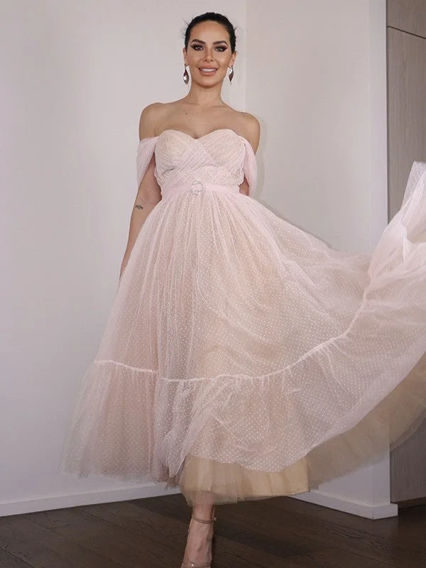 Buy Now A-Line/Princess Lace Ruched Off-the-Shoulder Sleeveless Tea-Length Homecoming Dresses Buy Now A-Line/Princess Lace Ruched Off-the-Shoulder Sleeveless Tea-Length Homecoming Dresses
