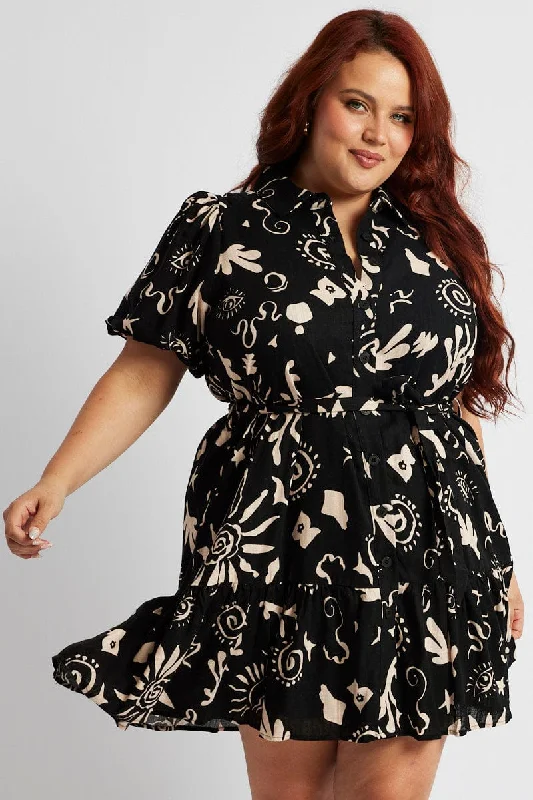 Closeout Sale Black Abstract Shirt Dress Short Sleeve Self Tie