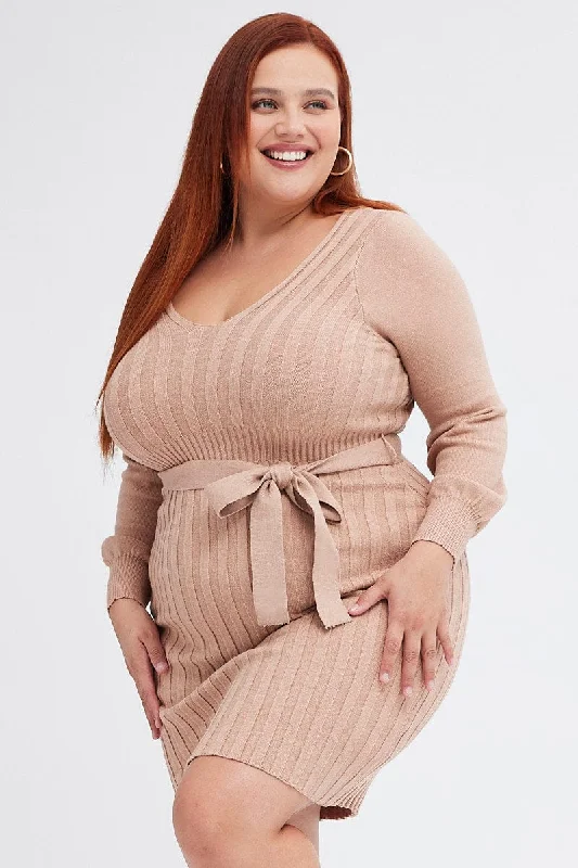 Clearance Sale Beige Knit Dress Long Sleeve Wide Rib Belted