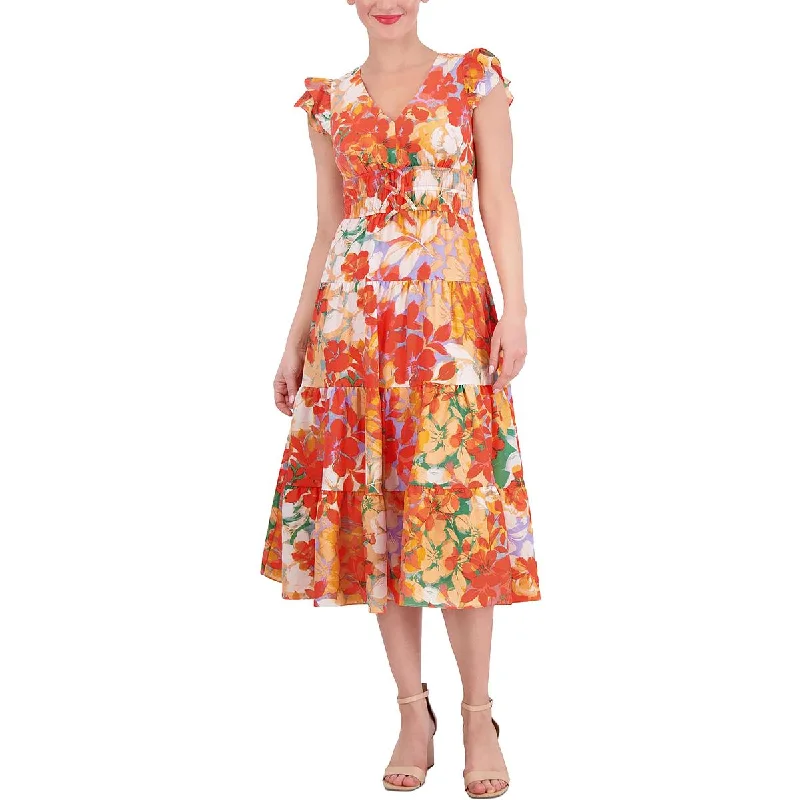 Big Savings Womens Flutter Sleeve Floral Print Midi Dress