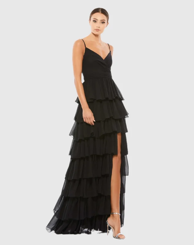 Act Now Black V-Neck Sleeveless Gown with Ruffled Skirt