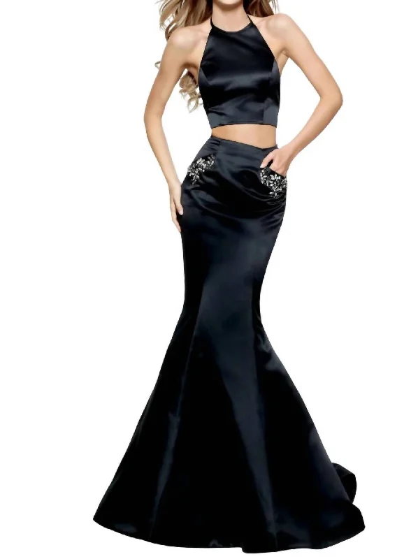 Huge Savings Satin Two-Piece Prom Dress In Black