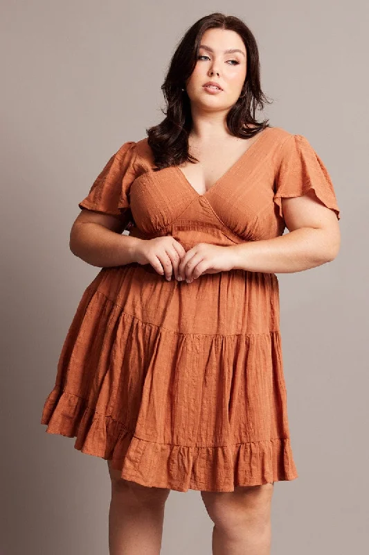 Weekend Deal Brown V-neck Textured Cotton Mini Dress