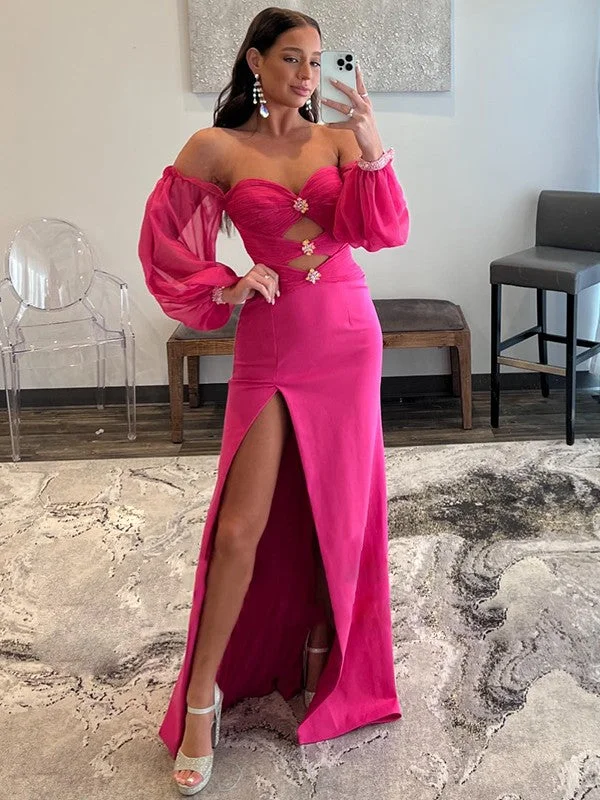 Hot Deal Sheath/Column 30D Chiffon Ruched Off-the-Shoulder Long Sleeves Sweep/Brush Train Dresses
