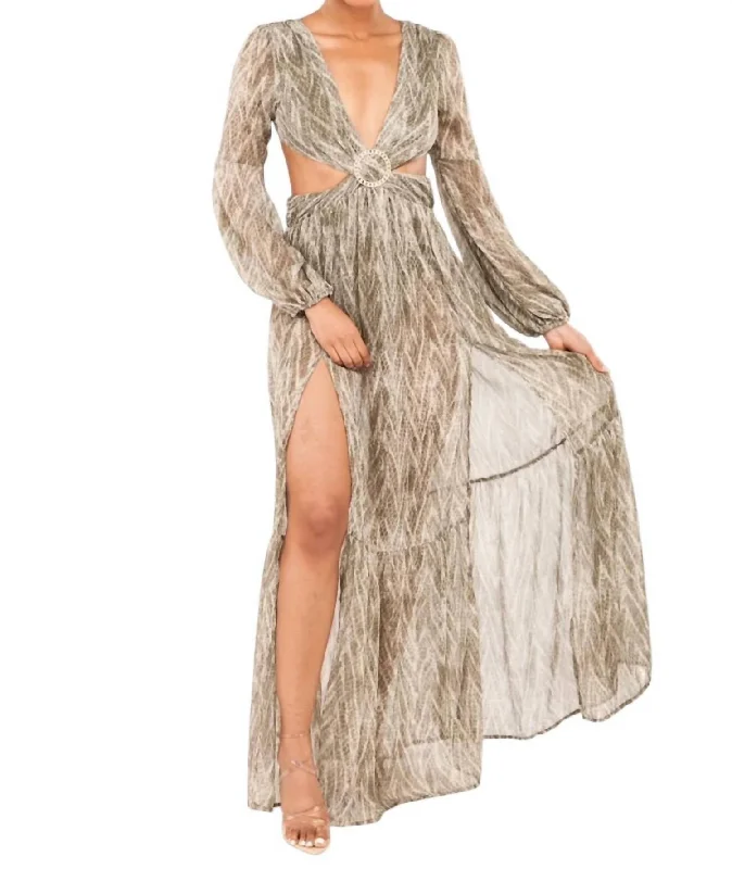 Price Blitz Long Sleeve Maxi Dress With Cutout In Olive Multi
