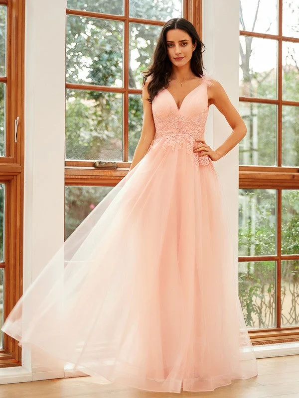 Special Buy A-Line/Princess Tulle Applique V-neck Sleeveless Floor-Length Dresses