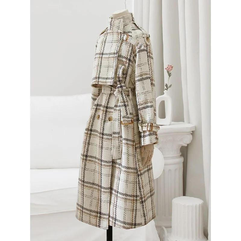 Epic Deals LAUTARO Women's Fine Fashion Elegant Luxury Ivory White Plaid Style Long Wool Coat Jacket