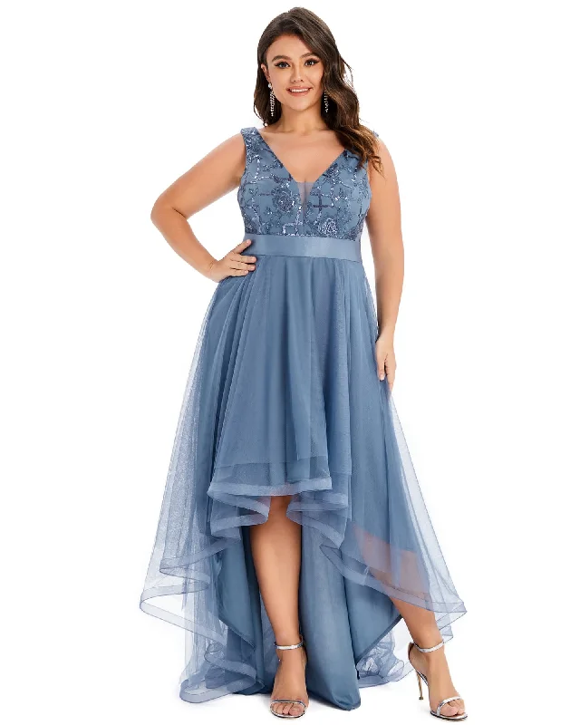 Online Specials Sleeveless V-back Tulle High-Low Sequin Appliques Evening Dresses | Dusty Navy