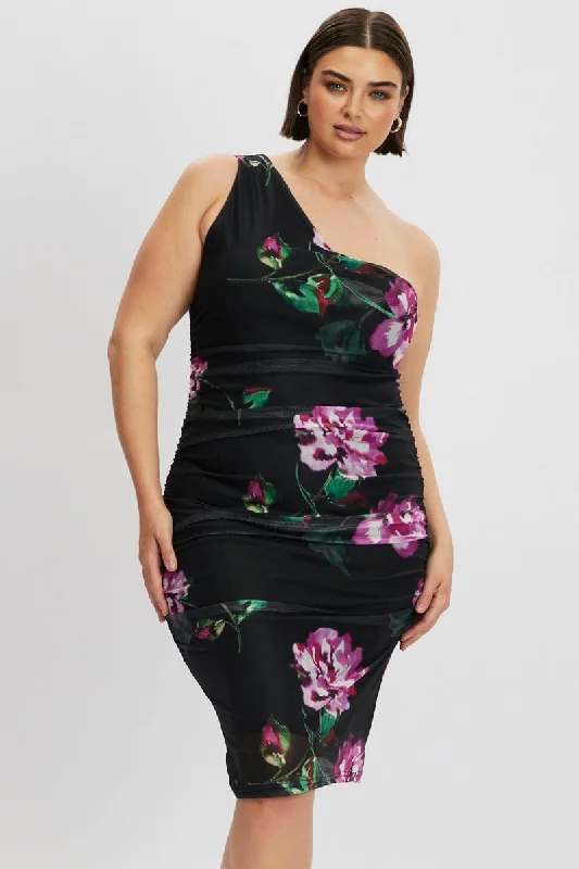 Deal Dash Black Floral One Shoulder Ruched Midi Dress