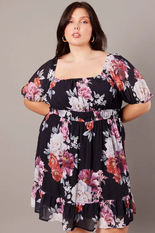 Lowest Price Black Floral Puff Sleeve Minidress Elastic Waist Detail