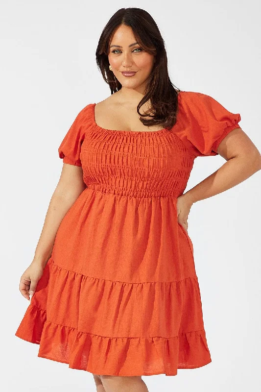 Extra Savings Brown Shirred Bodice Tiered Skater Dress