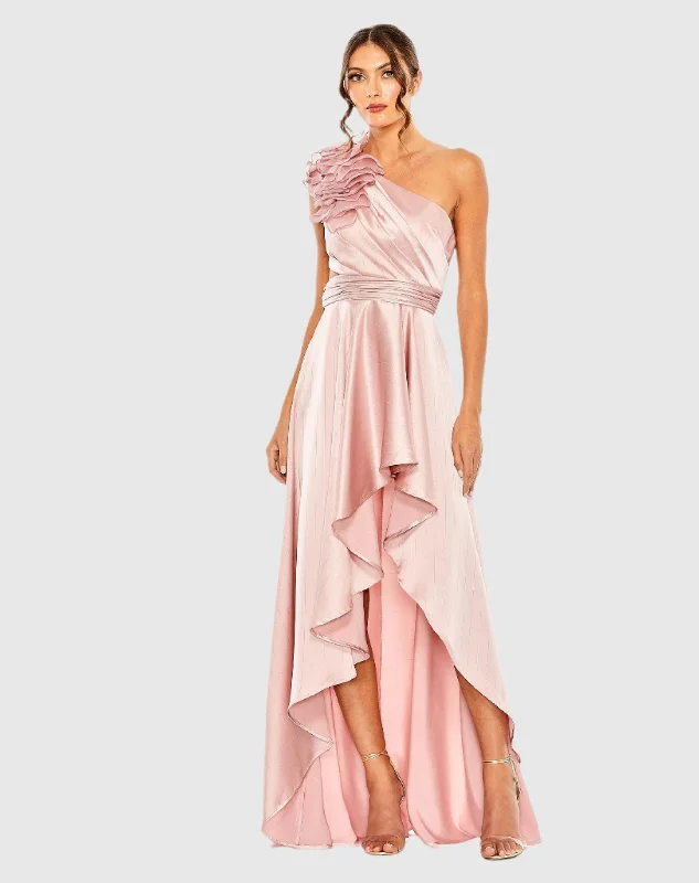 Lowest Price Pink Ruffled One Shoulder Cut Out Hi-Low Gown