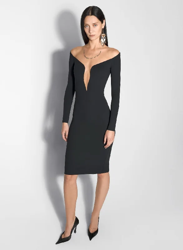 Exclusive Online Offer black illusion neckline midi dress