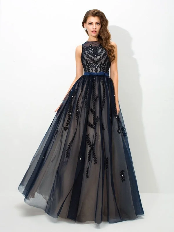 Discount Extravaganza A-Line/Princess Sheer Neck Applique Sleeveless Long Tulle Dresses Discount Extravaganza A-Line/Princess Sheer Neck Applique Sleeveless Long Tulle Dresses