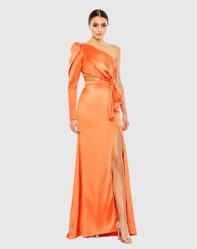Overstock Sale Orange Puff One Sleeve Cut Out Side Knot Gown