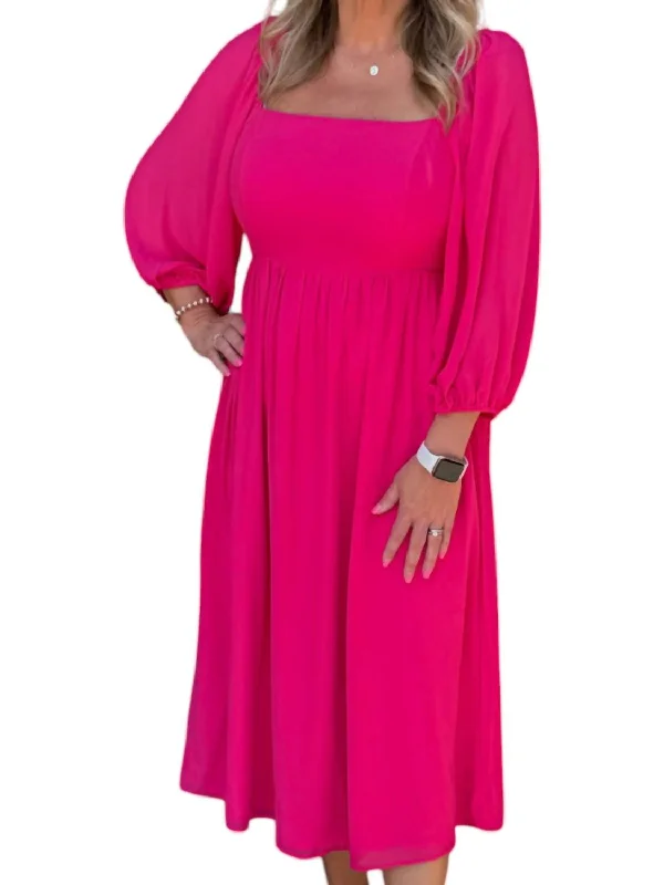 Early Access Amaretto Puff Sleeve Midi Dress In Fuchsia