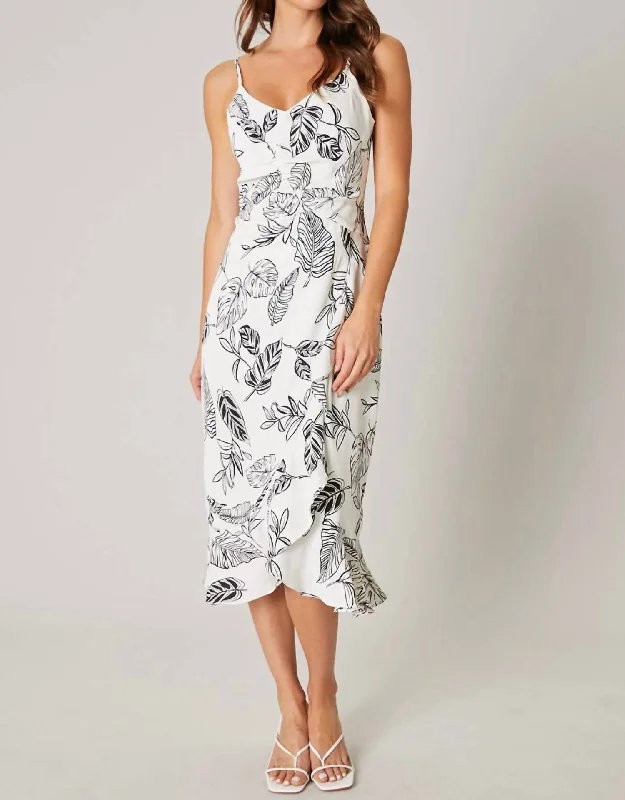 Daily Deals Tropical Print Ruched Midi Dress In White/black