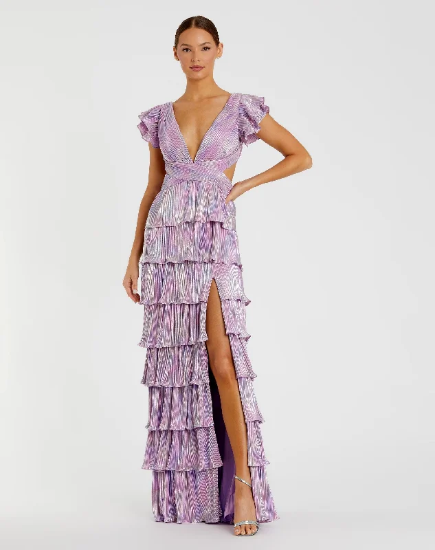 Deep Discounts Purple Ruffle Tiered Criss Cross Lace Up Gown