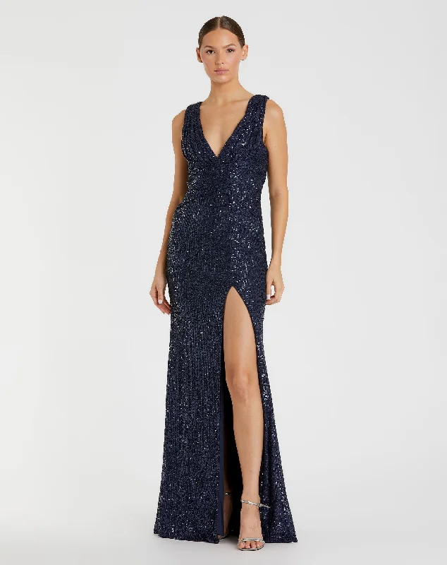 Quick Sale Navy V-Neck Sequin Wrap Waist Gown