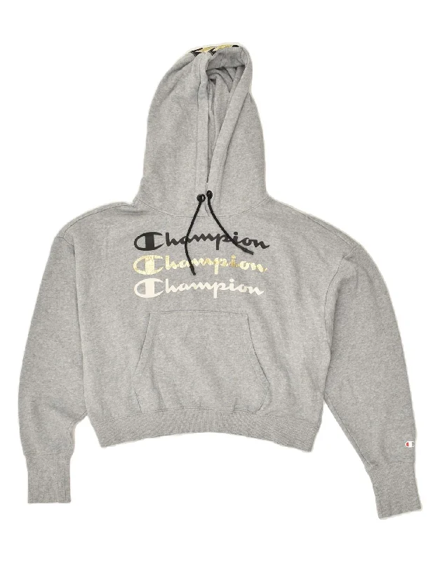 Online Exclusive CHAMPION Womens Crop Hoodie Jumper UK 16 Large Grey Cotton