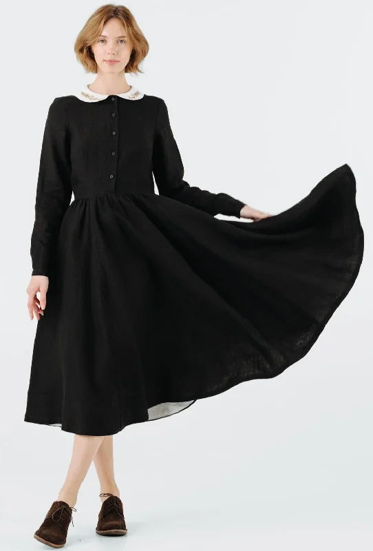 Deep Discounts Classic Dress with Embroidered Golden Fields Collar, Long Sleeve
