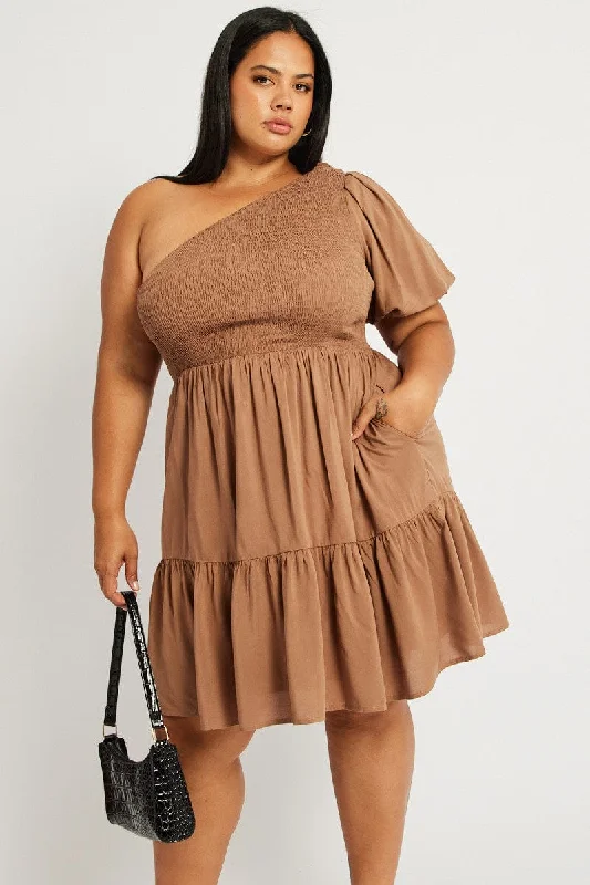 Amazing Deals Brown One Shoulder Dress Shirred Bodice Pockets