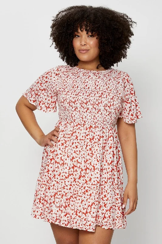 Super Sale Floral Print Skater Dress Round Neck Short Sleeve