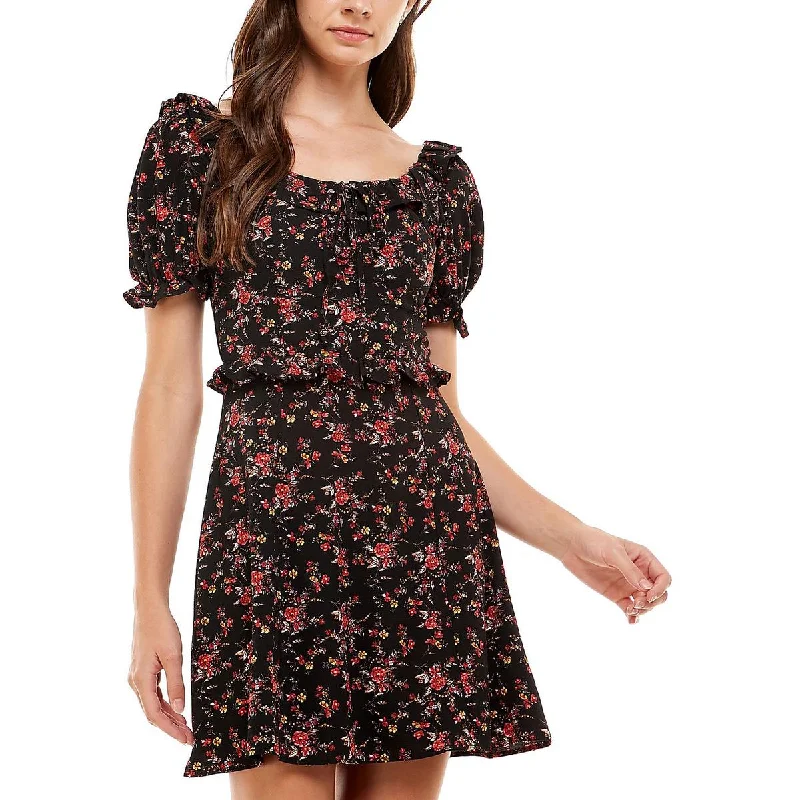 Shop and Save Juniors Womens Floral Open Back Fit & Flare Dress