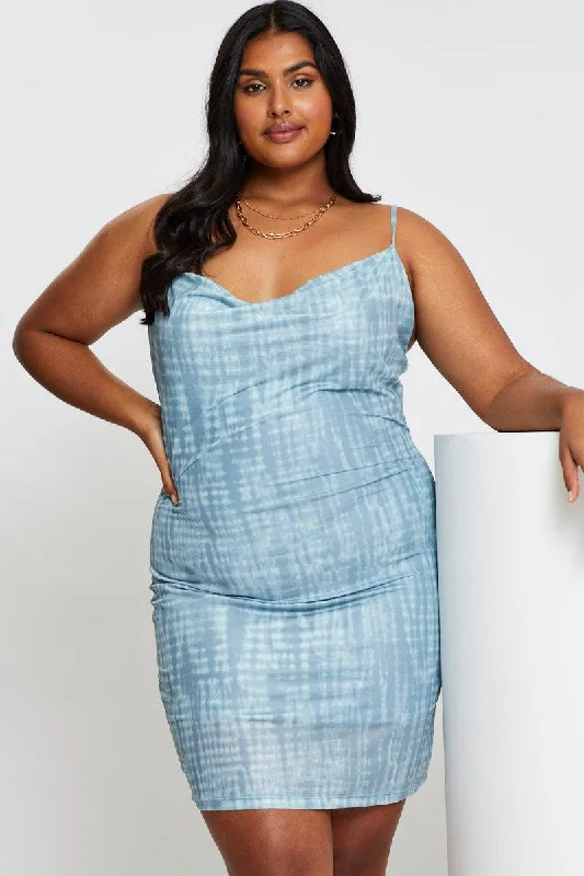 Can't Miss Blue Abstract Print Bodycon Dress Scoop Neck Sleeveless Mini