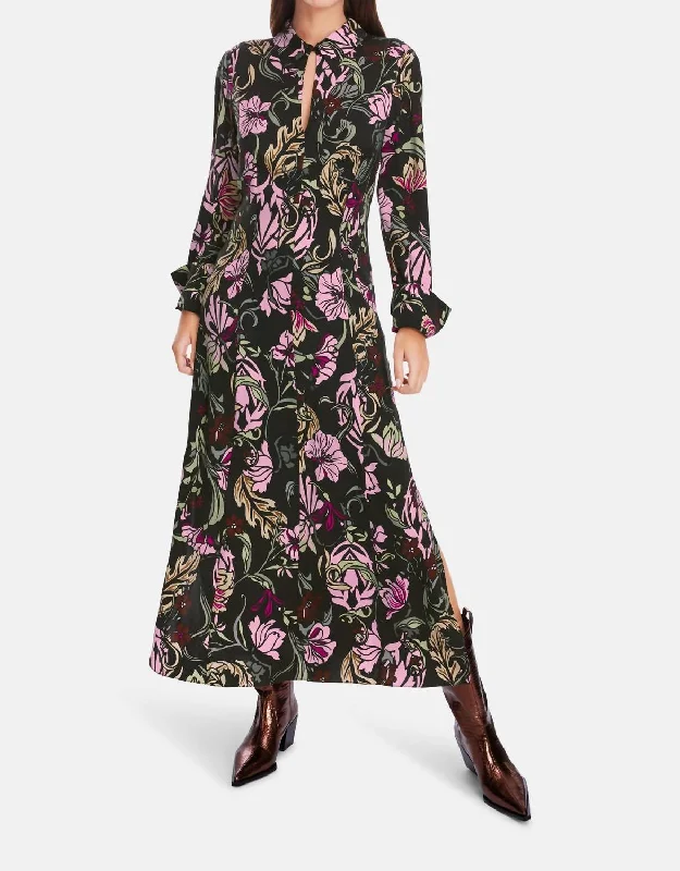Major Savings Long Sleeve Floral Vine Print Maxi Dress In Black