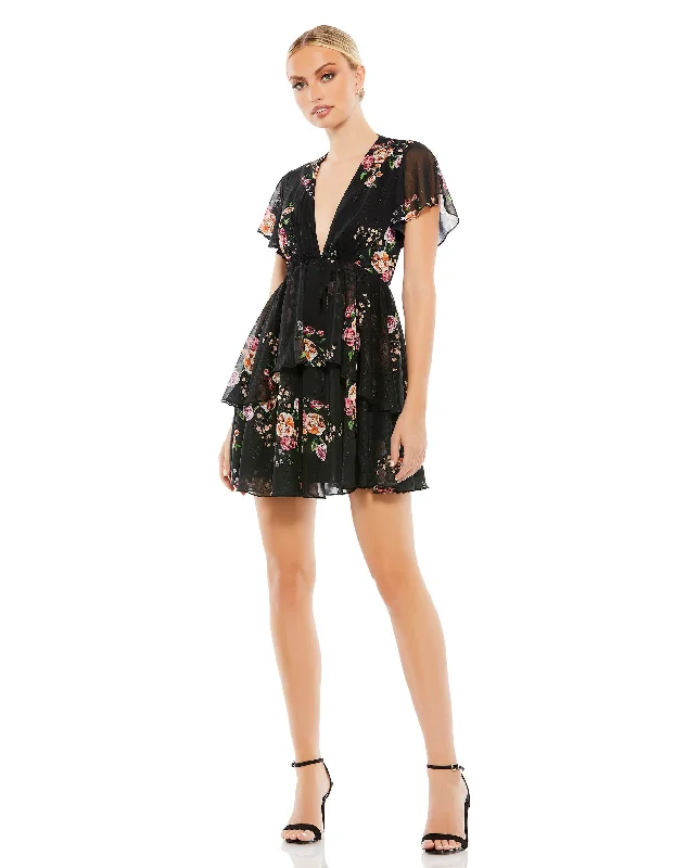 Online Only Tiered Ruffle Floral Print V Neck Butterfly Sleeve
