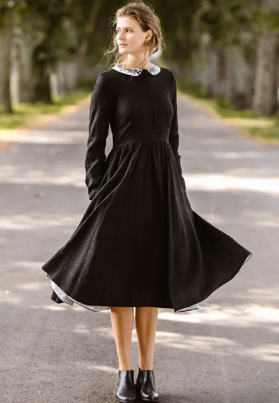Last Chance Classic Dress with Embroidered Meadow Collar, Long Sleeve