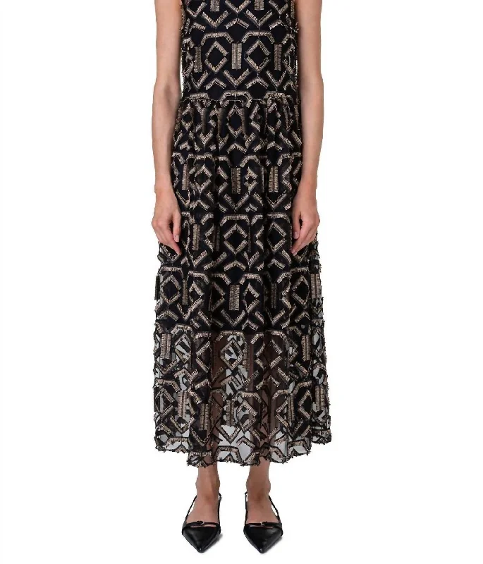 Closeout Geometric Metallic Tulle Mock Turtleneck Midi-Dress In Black Gold