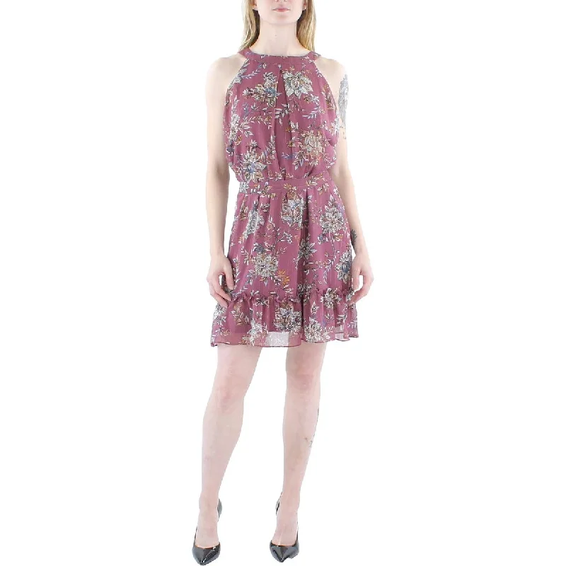 Price Drop Juniors Womens Metallic Floral Halter Dress