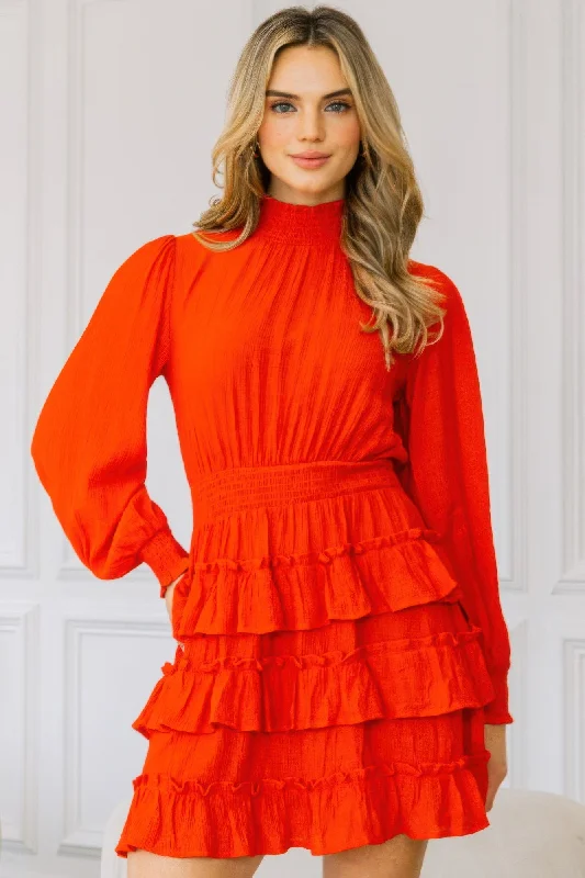 Limited Time Long Sleeve Smocked Neck Tiered Ruffle Mini Dress