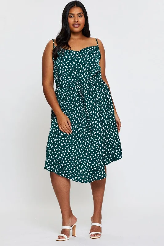 Holiday Sale Geo Print Midi Satin Dress Cowl Neck Sleeveless