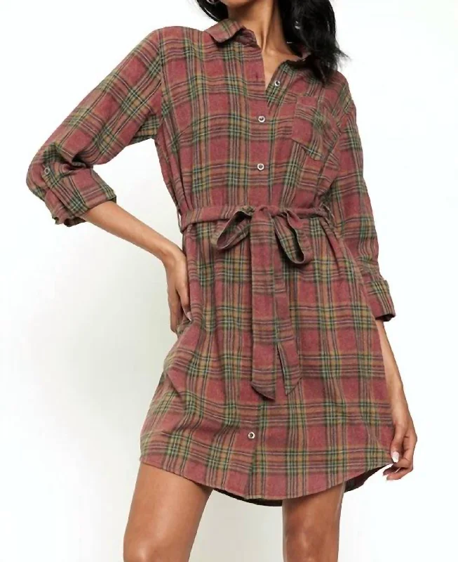 Final Sale Gracie Bleach Dye Plaid Shirtdress In Brown