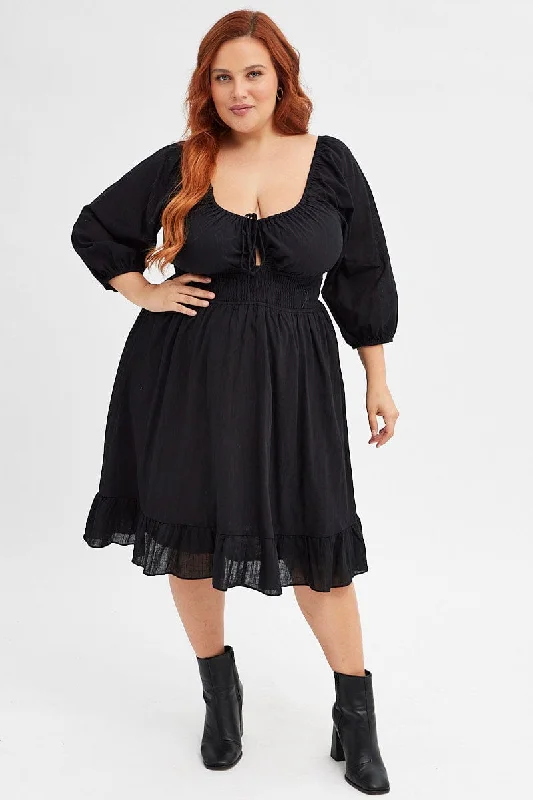 Early Access Black Skater Dress Puff Sleeve Shirred Waist Cotton