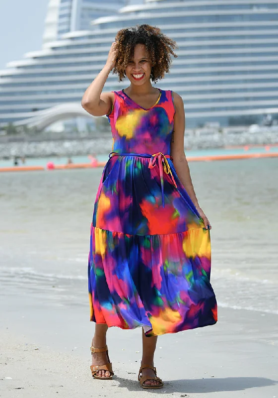 New Markdowns Roxana Rainbow Ink Print Tiered Hem Midaxi Dress