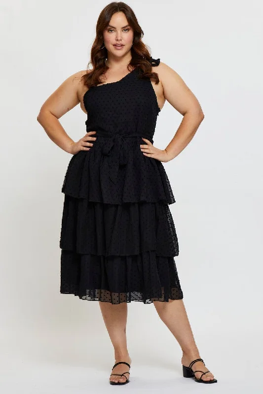 Super Sale Black Midi Dress One Shoulder Sleeveless